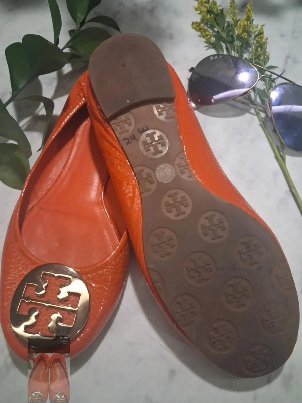Tory Burch Orange Leather Logo Ballet Flats